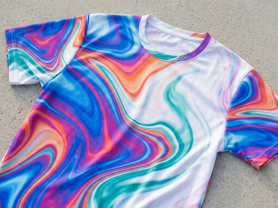 All-over sublimation print on a white polyester tee