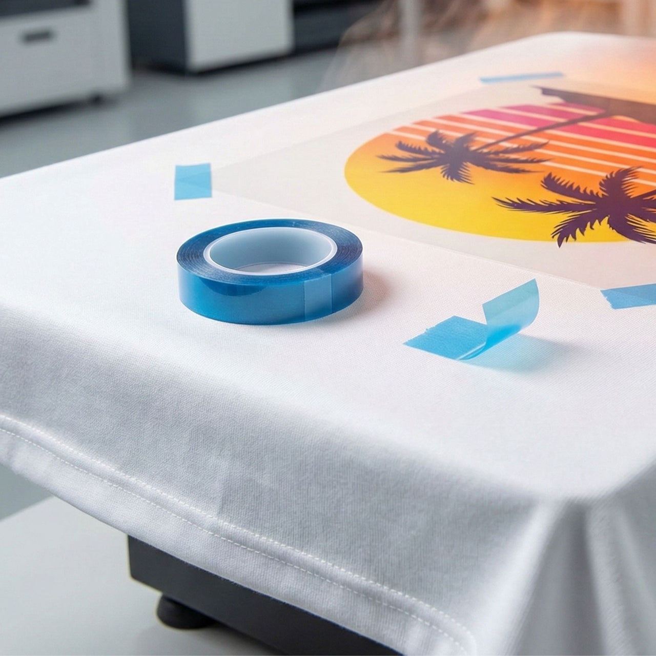 Blue high-temp thermal tape securing a DTF transfer to a t-shirt on a heat press to prevent ghosting and leave no residue.