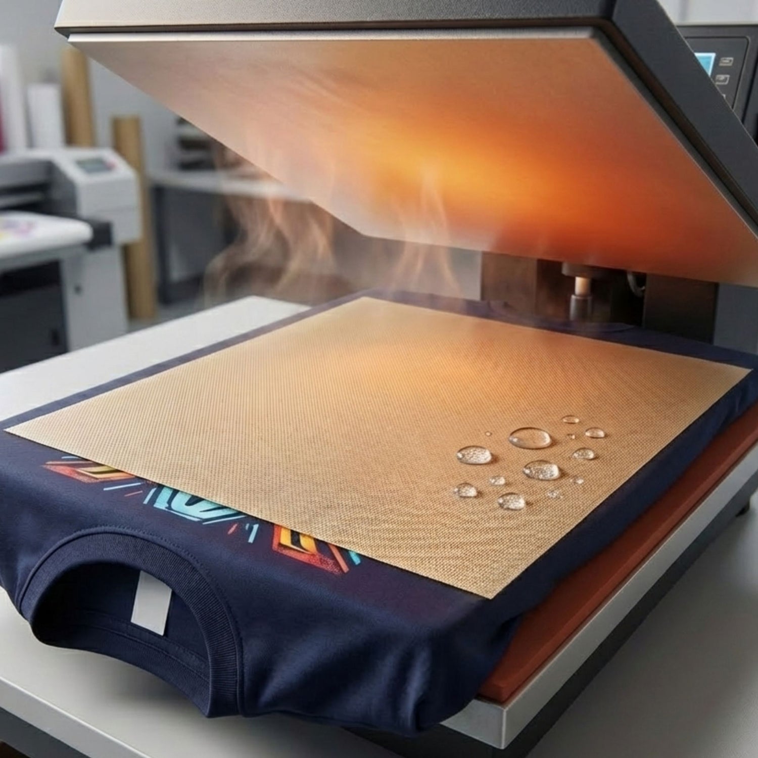 Non-stick reusable Teflon protective sheet placed over a garment on a heat press to prevent scorching and protect the upper platen.