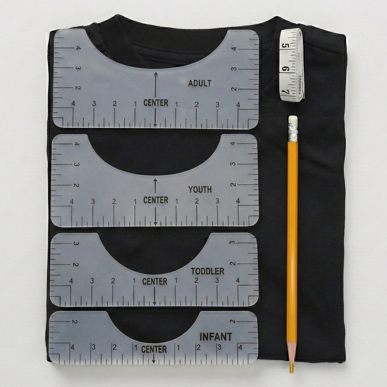 6-piece T-shirt alignment ruler guide set placed on a shirt collar to perfectly center a DTF transfer for adult, youth, and toddler sizes.
