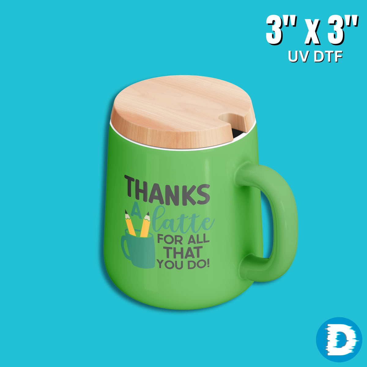 Three-inch UV DTF transfer applied to a green ceramic mug