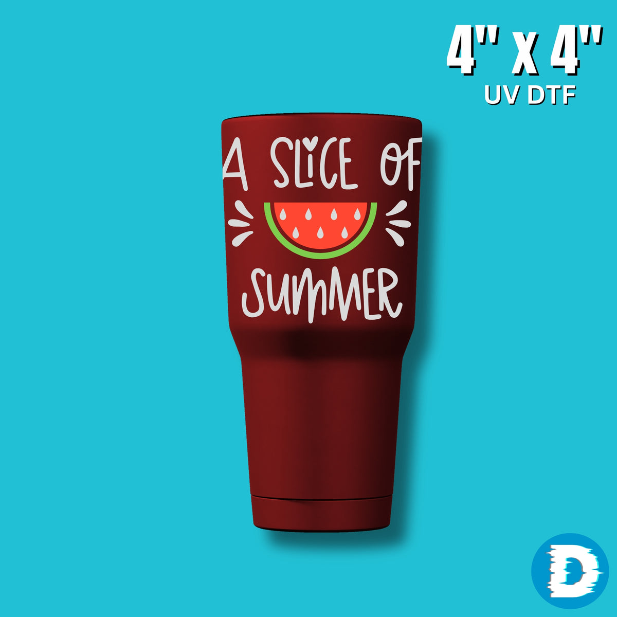 Four-inch UV DTF transfer applied to a red tumbler