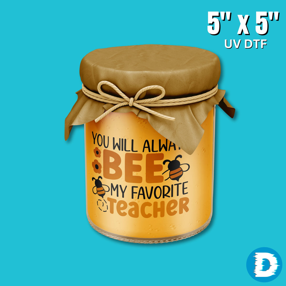Five-inch UV DTF transfer applied to a smooth glass jar