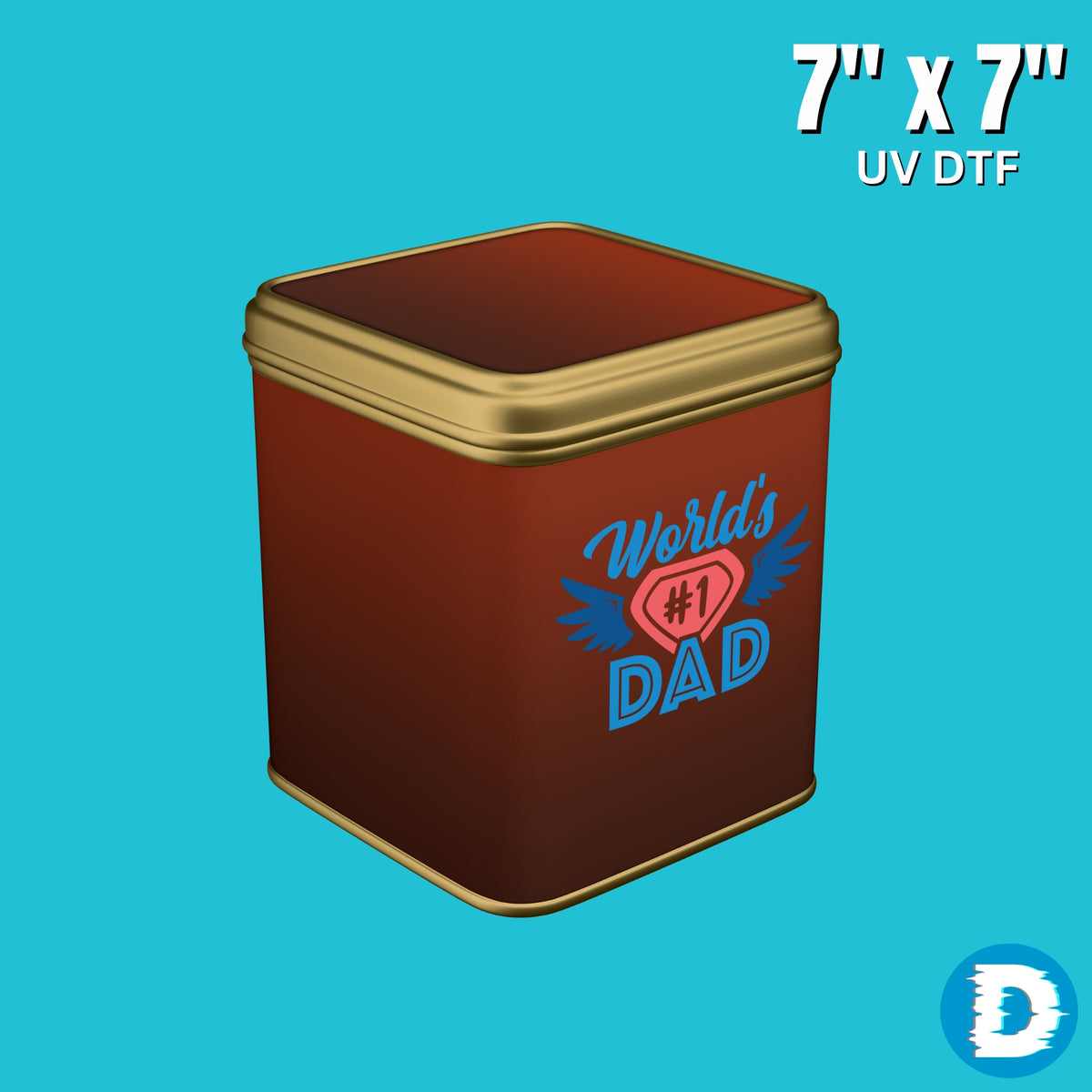 Seven-inch UV DTF transfer applied to a metal tin