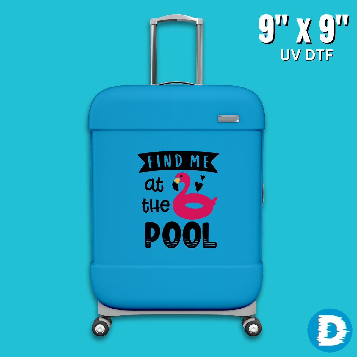 Nine-inch UV DTF transfer applied to hard-shell luggage