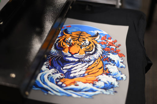 Heat press applying DTF transfer at 305°F for 10 seconds