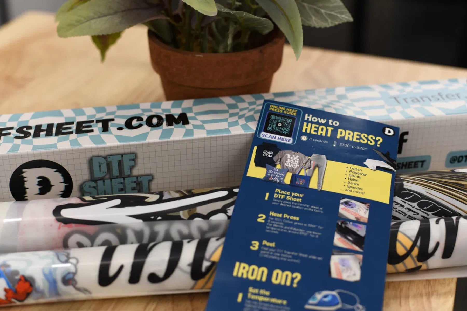 DTFSheet transfer rolls packed with heat press instructions