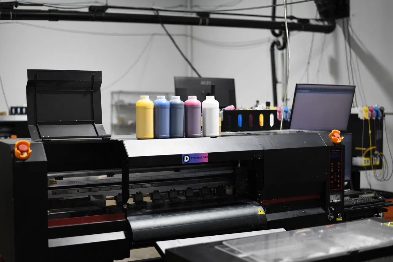 DTF printer producing color-profiled custom transfers at DTFSheet