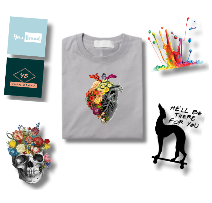 DTFSheet free sample pack with a printed shirt and assorted transfer designs
