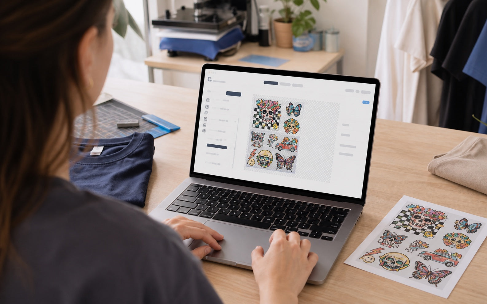 Apparel creator arranging DTF artwork in an online gang sheet builder