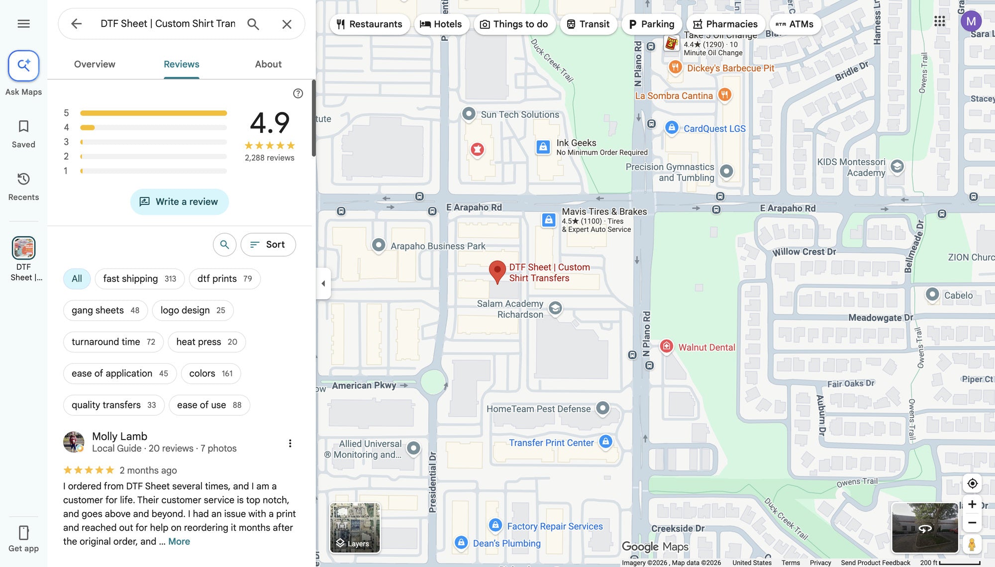 Google Maps showing DTFSheet rated 4.9 from 2,288 reviews