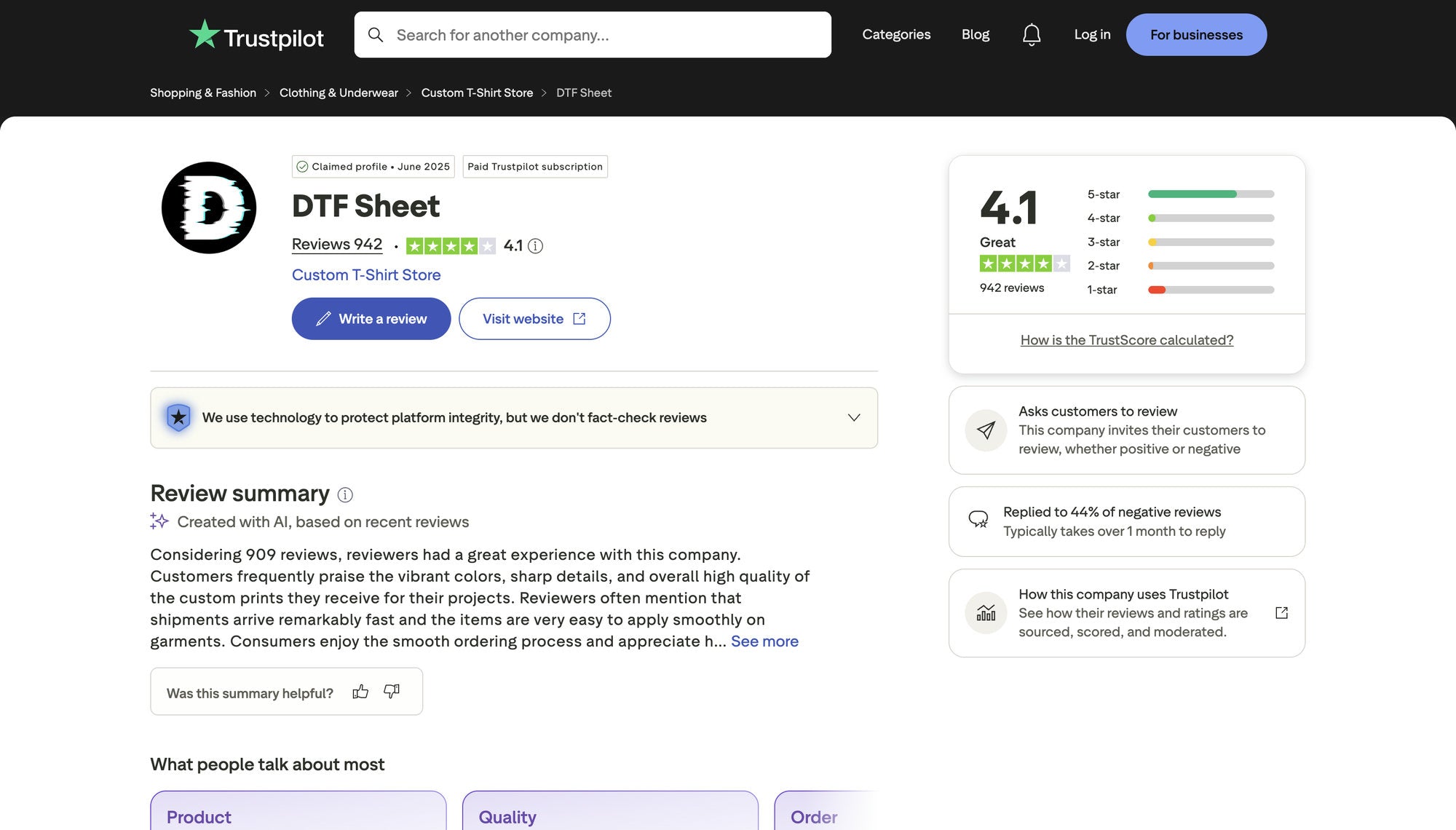 Trustpilot showing DTFSheet rated 4.1 from 942 reviews