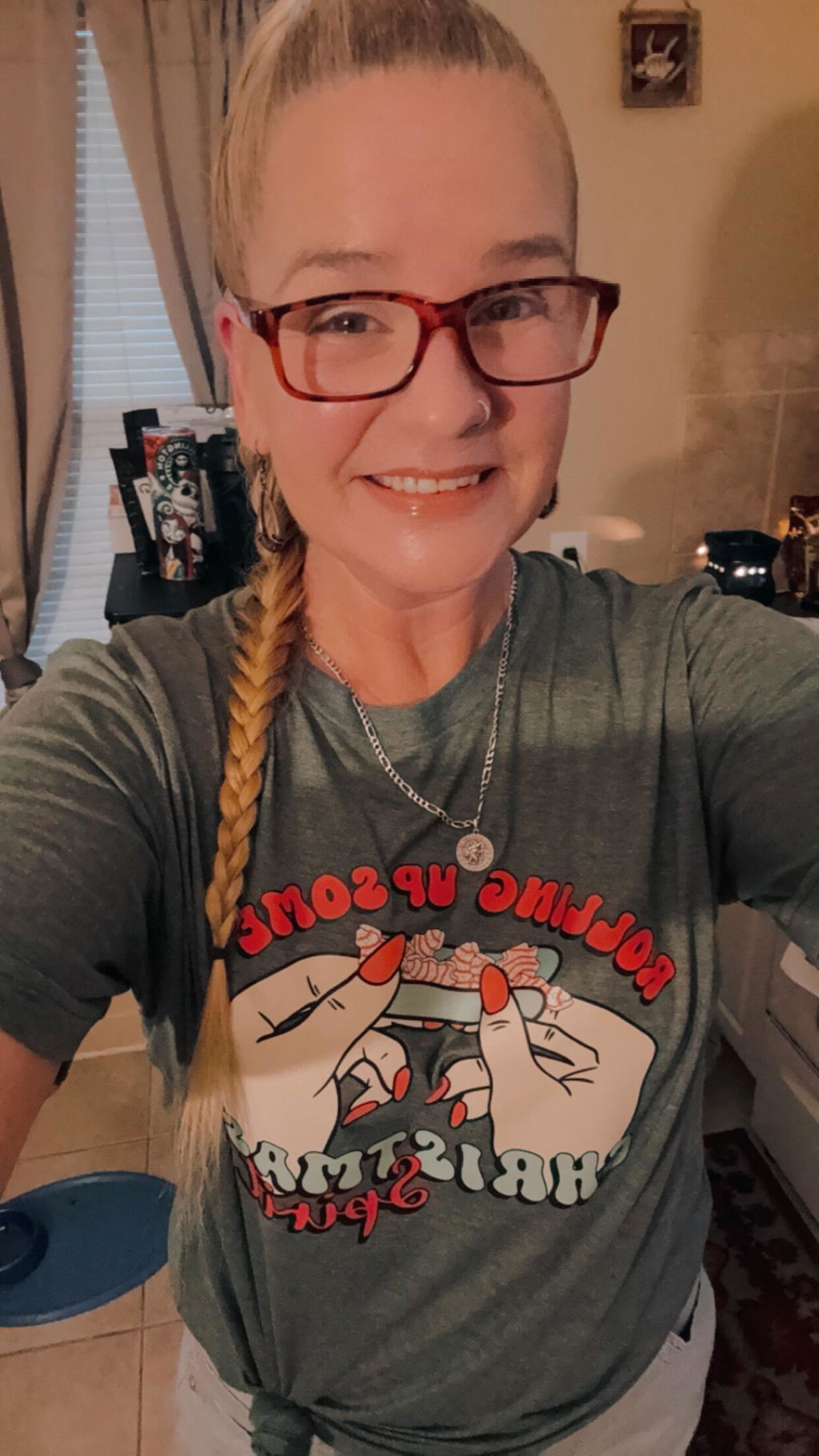 Customer wearing a gray shirt with a large crisp multicolor transfer