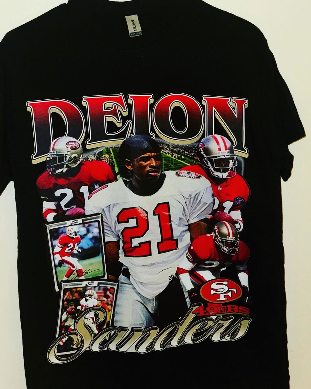 Finished customer shirt with a detailed full-color football portrait
