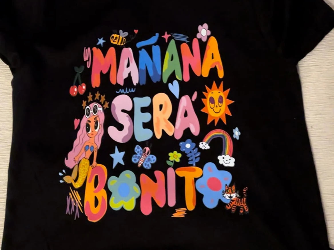 Bright multicolor lettering on a finished black garment